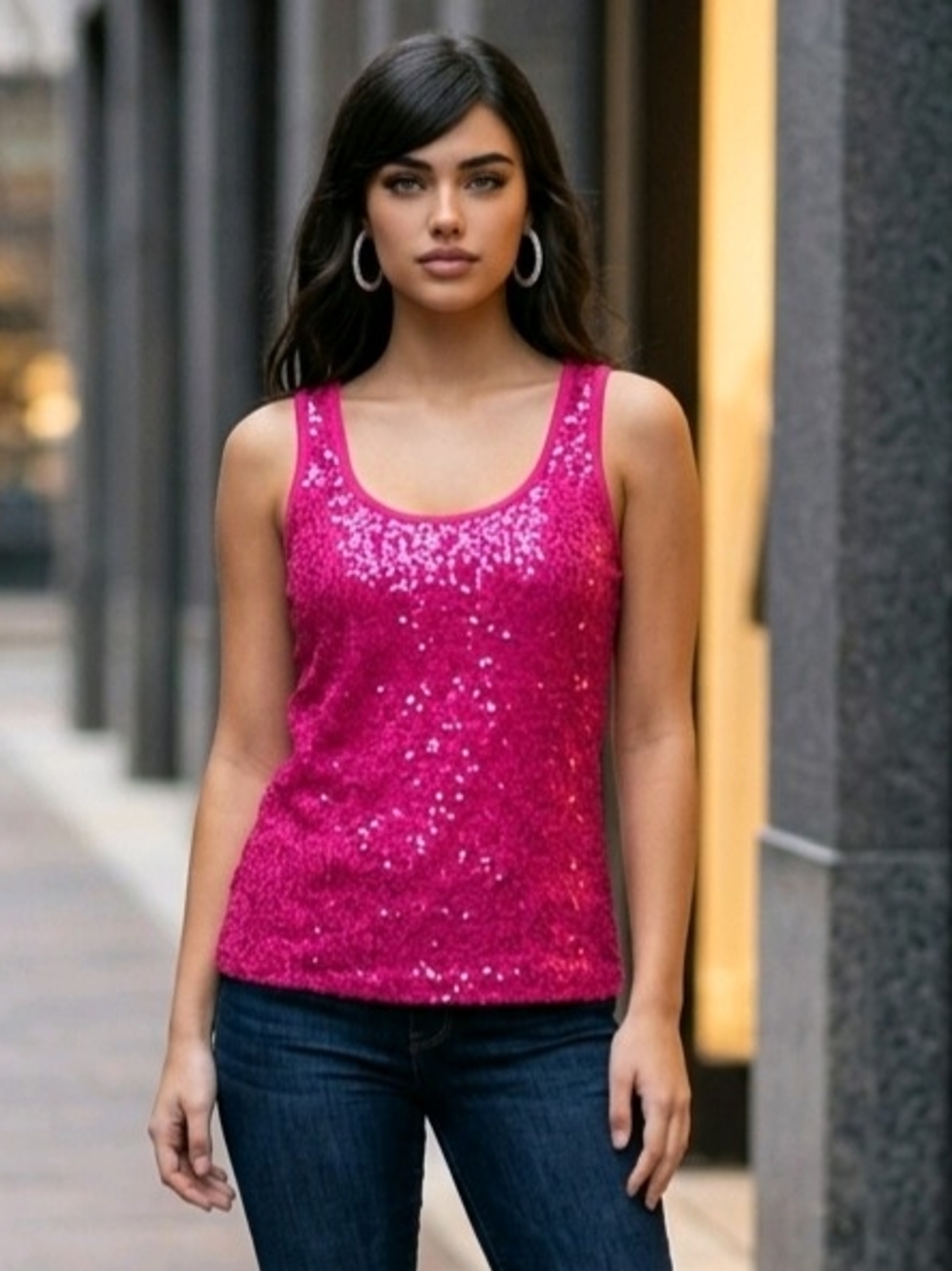 Roz & Ali Women's Pink Tank Lace Yoke on Back And Sequin Details XL EUC